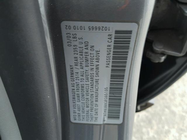 WVWTH63BX3P385195 - 2003 VOLKSWAGEN PASSAT GLX 银色 照片 10