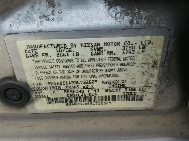 3N1AB51A23L732529 - 2003 NISSAN SENTRA SE- SILVER photo 10