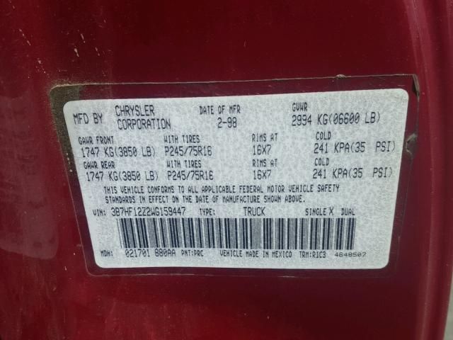 3B7HF1272WG159447 - 1998 DODGE RAM Rojo foto 10