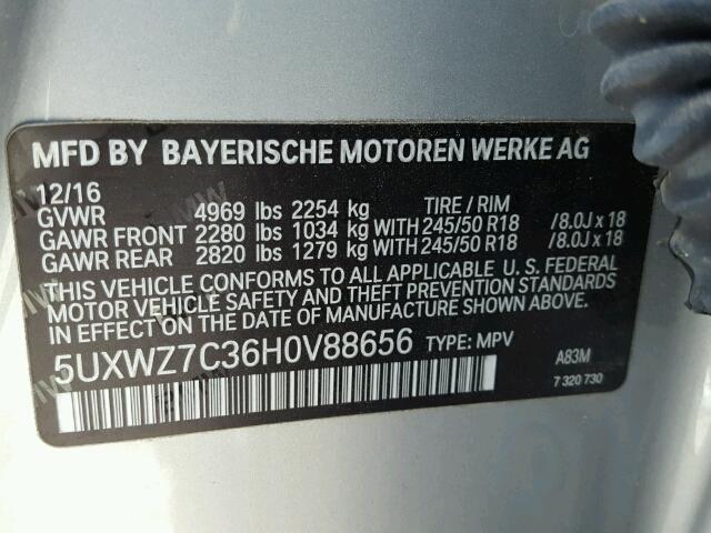 5UXWZ7C36H0V88656 - 2017 BMW X3 SDRIVE2 SILVER photo 10