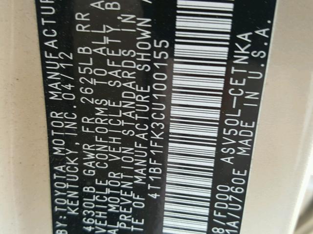 4T1BF1FK3CU100155 - 2012 TOYOTA CAMRY BASE Золотой фото 10