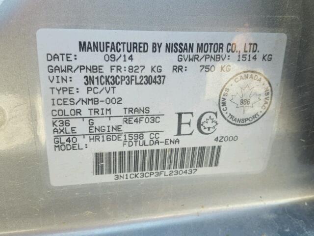 3N1CK3CP3FL230437 - 2015 NISSAN MICRA SILVER photo 10