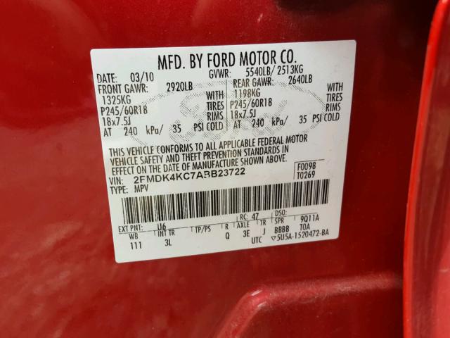 2FMDK4KC7ABB23722 - 2010 FORD EDGE LIMIT RED photo 10