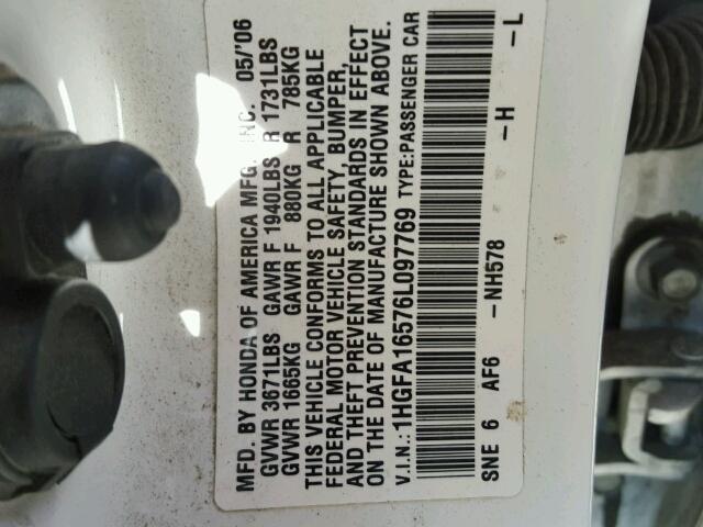 1HGFA16576L097769 - 2006 HONDA CIVIC LX Blanco foto 10