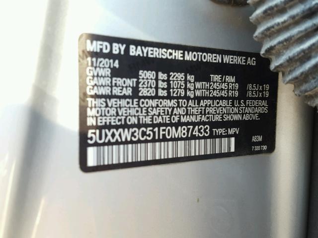 5UXXW3C51F0M87433 - 2015 BMW X4 XDRIVE2 SILVER photo 10