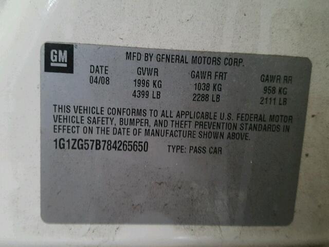 1G1ZG57B784265650 - 2008 CHEVROLET MALIBU LS თეთრი ფოტო 10