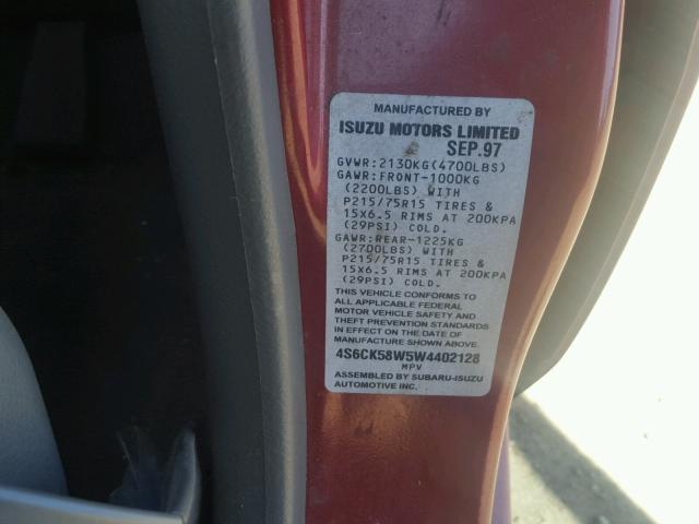 4S6CK58W5W4402128 - 1998 HONDA PASSPORT E 红色 照片 10