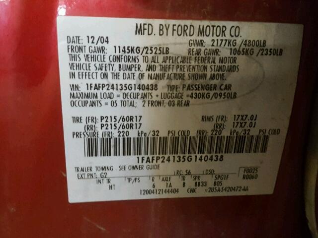 1FAFP24135G140438 - 2005 FORD FIVE HUNDR RED photo 10