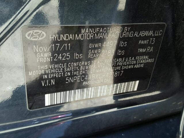 5NPEC4ABXCH421817 - 2012 HYUNDAI SONATA BLUE photo 10