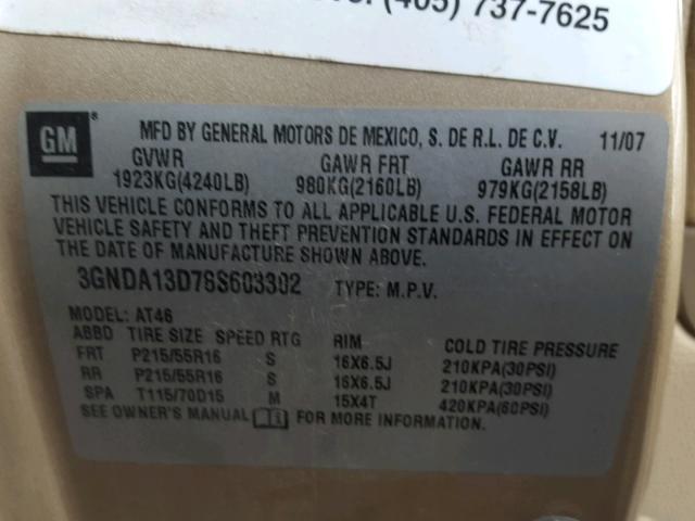 3GNDA13D78S603302 - 2008 CHEVROLET HHR LS GOLD photo 10