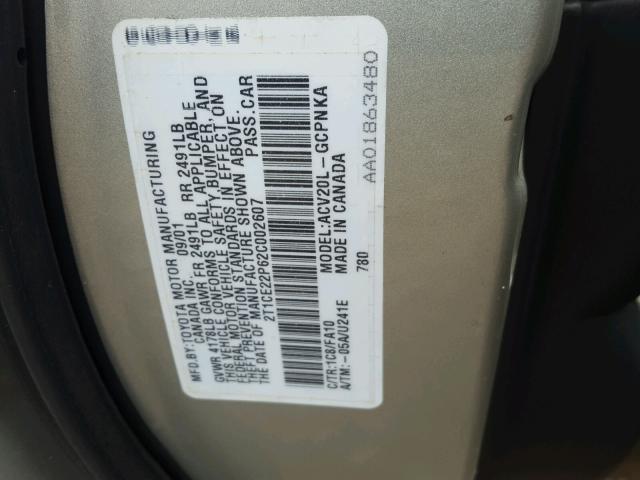 2T1CE22P62C002607 - 2002 TOYOTA CAMRY SOLA SILVER photo 10