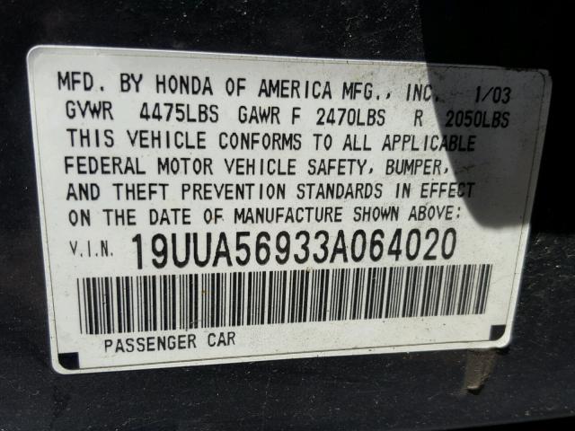 19UUA56933A064020 - 2003 ACURA 3.2TL TYPE GRAY photo 10