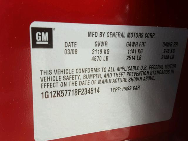 1G1ZK57718F234814 - 2008 CHEVROLET MALIBU LTZ 红色 照片 10
