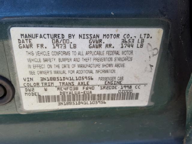 3N1BB51D41L105956 - 2001 NISSAN SENTRA SE GREEN photo 10