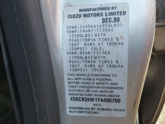 4S6CK58W1Y4406700 - 2000 HONDA PASSPORT E 银色 照片 10