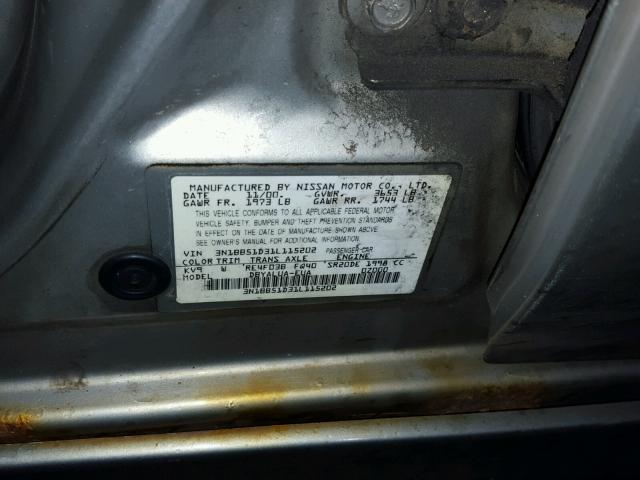 3N1BB51D31L115202 - 2001 NISSAN SENTRA SE GOLD photo 10