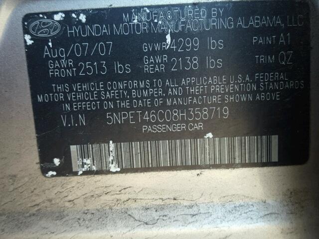 5NPET46C08H358719 - 2008 HYUNDAI SONATA GLS GOLD photo 10