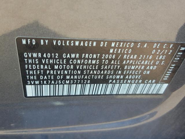 3VW1K7AJ5CM377128 - 2012 VOLKSWAGEN JETTA BASE 灰色 照片 10