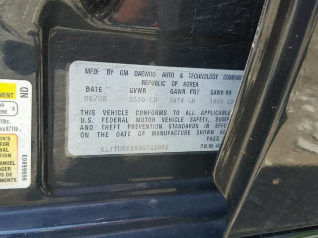 KL1TD56EX9B322882 - 2009 CHEVROLET AVEO LS BLACK photo 10