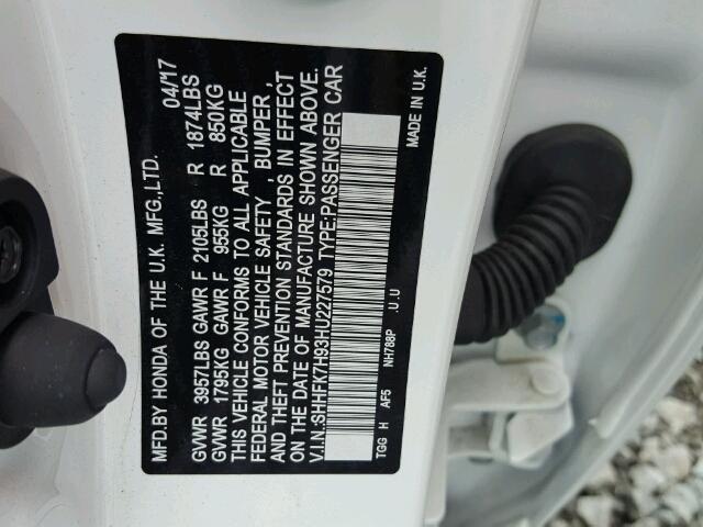 SHHFK7H93HU227579 - 2017 HONDA CIVIC SPOR WHITE photo 10