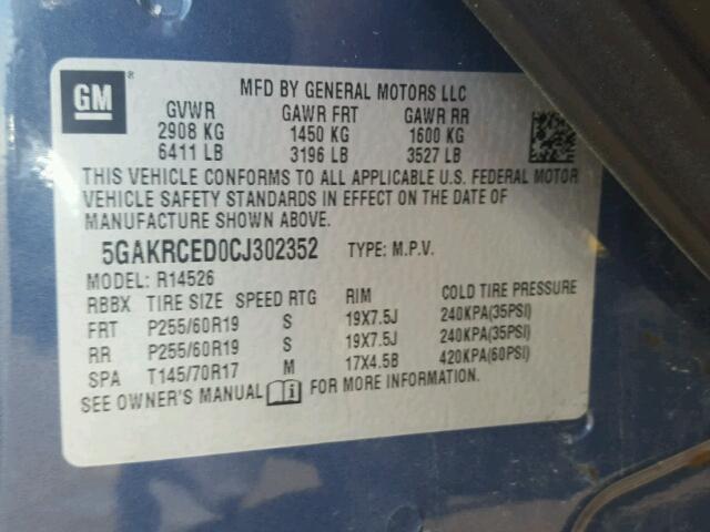 5GAKRCED0CJ302352 - 2012 BUICK ENCLAVE BLUE photo 10
