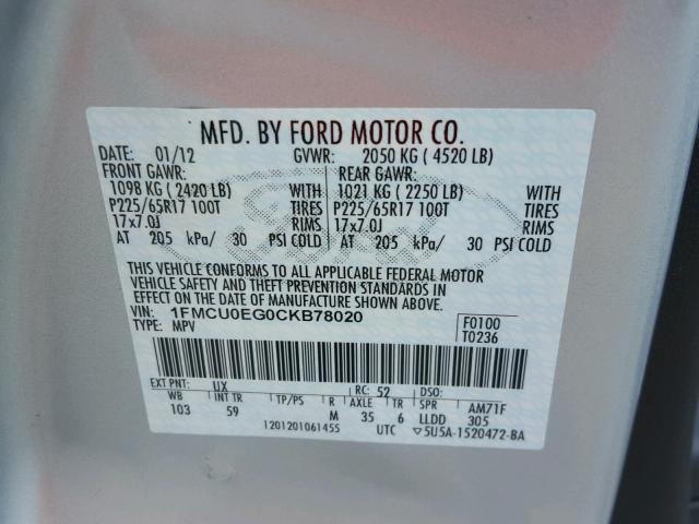 1FMCU0EG0CKB78020 - 2012 FORD ESCAPE LIM SILVER photo 10