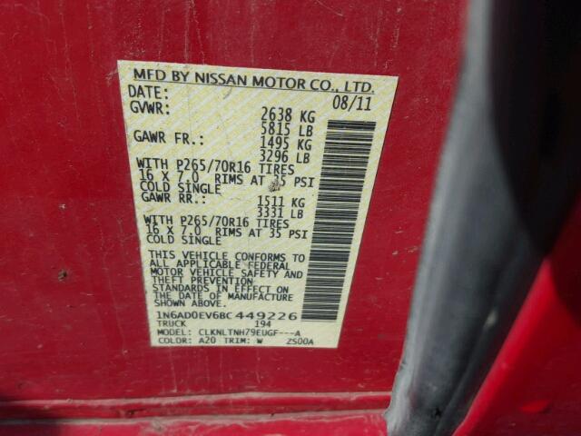 1N6AD0EV6BC449226 - 2011 NISSAN FRONTIER S RED photo 10