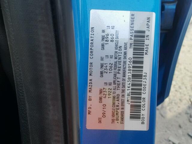 JM1BL1K43B1389560 - 2011 MAZDA SPEED 3 蓝色 照片 10