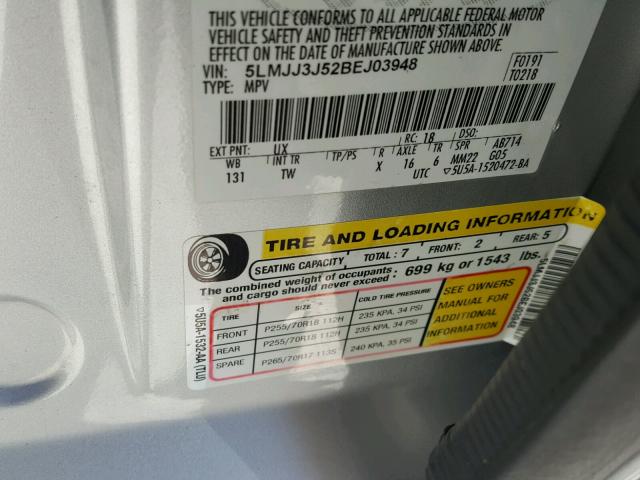 5LMJJ3J52BEJ03948 - 2011 LINCOLN NAVIGATOR 灰色 照片 10