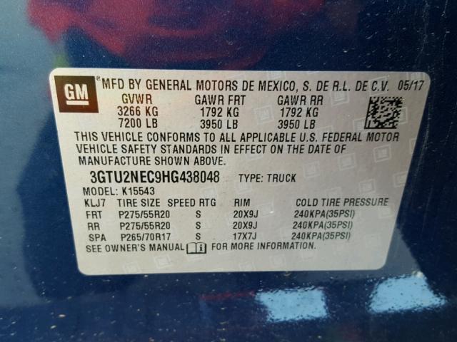 3GTU2NEC9HG438048 - 2017 GMC SIERRA K15 BLUE photo 10