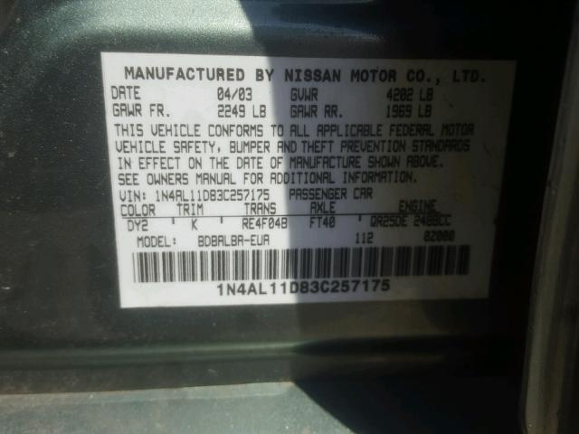 1N4AL11D83C257175 - 2003 NISSAN ALTIMA BAS GREEN photo 10