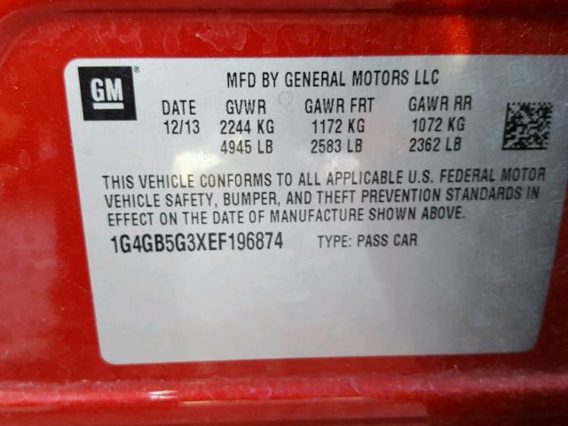 1G4GB5G3XEF196874 - 2014 BUICK LACROSSE RED photo 10