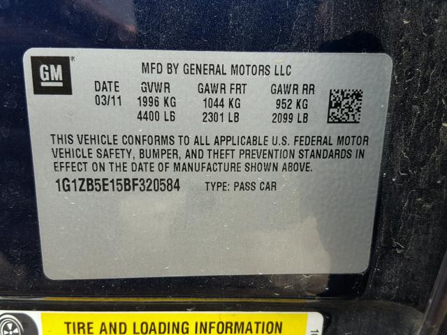 1G1ZB5E15BF320584 - 2011 CHEVROLET MALIBU LS Mavi foto 10