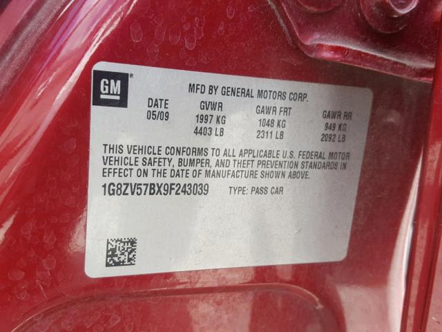 1G8ZV57BX9F243039 - 2009 SATURN AURA XR RED photo 10