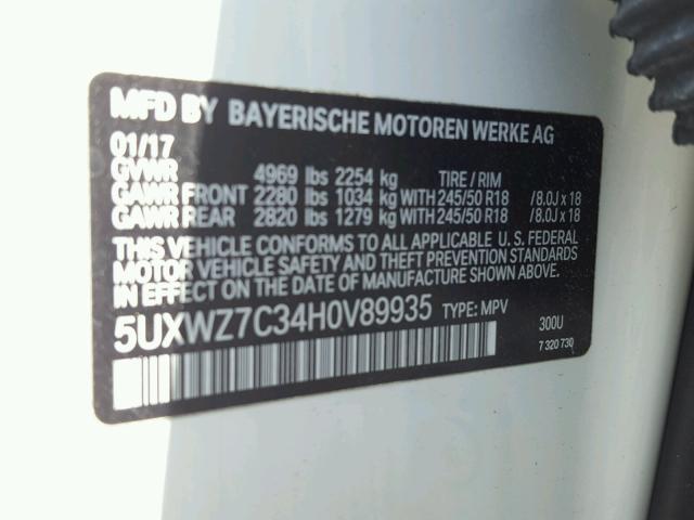 5UXWZ7C34H0V89935 - 2017 BMW X3 SDRIVE2 Ақ фото 10