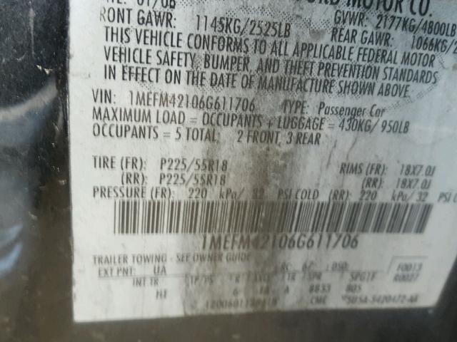 1MEFM42106G611706 - 2006 MERCURY MONTEGO PR 黑色 照片 10