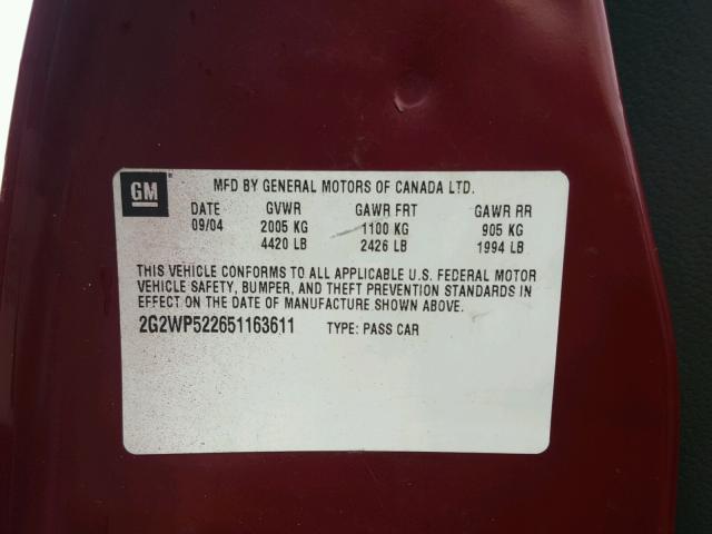 2G2WP522651163611 - 2005 PONTIAC GRAND PRIX მუქწითელი ფოტო 10