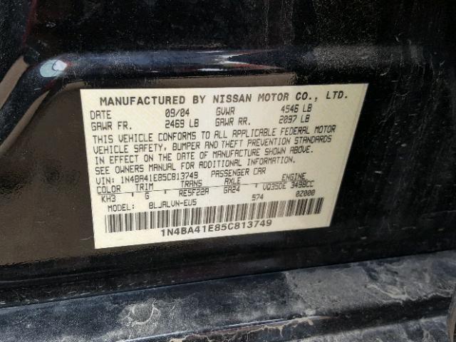 1N4BA41E85C813749 - 2005 NISSAN MAXIMA SE BLACK photo 10