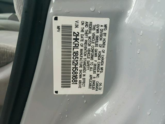 2HKRL18512H581681 - 2002 HONDA ODYSSEY LX SILVER photo 10