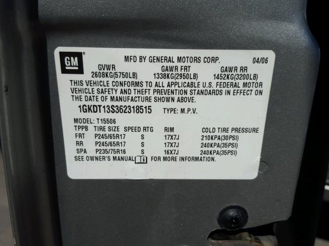 1GKDT13S362318515 - 2006 GMC ENVOY SILVER photo 10