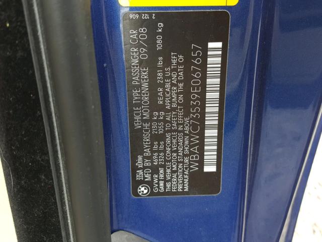 WBAWC73539E067657 - 2009 BMW 335 XI ლურჯი ფოტო 10