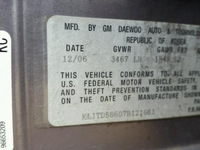 KL1TD56607B121661 - 2007 CHEVROLET AVEO BASE Сұр фото 10