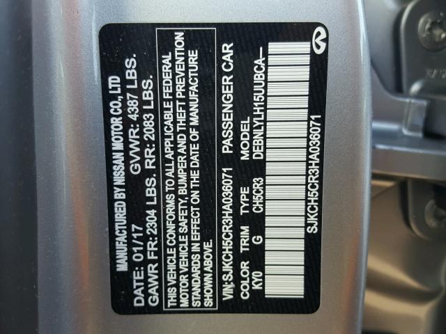 SJKCH5CR3HA036071 - 2017 INFINITI QX30 BASE GRAY photo 10