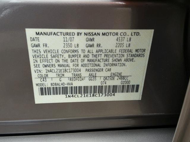 1N4CL21E18C173004 - 2008 NISSAN ALTIMA HYB GRAY photo 10