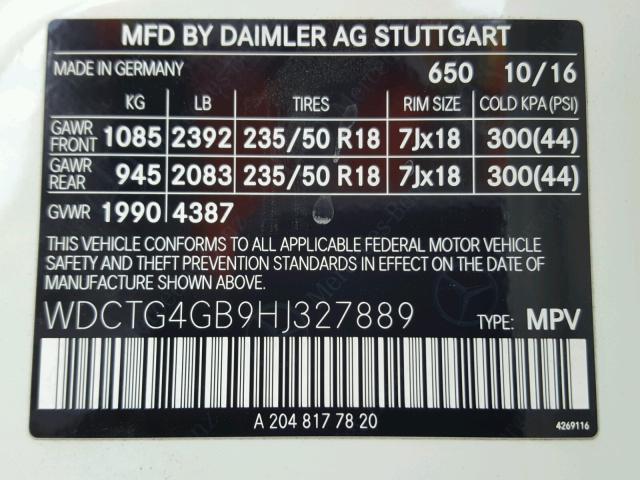 WDCTG4GB9HJ327889 - 2017 MERCEDES-BENZ GLA 250 4M WHITE photo 10