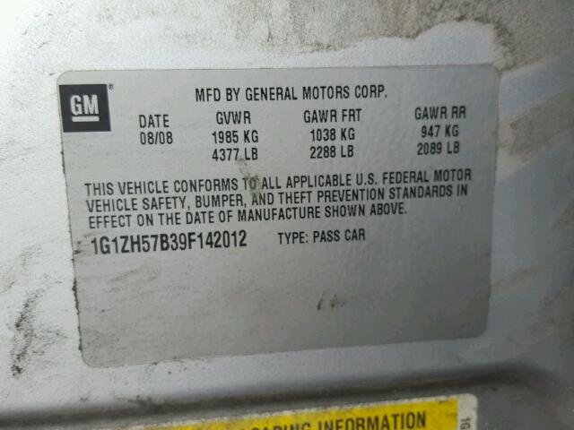 1G1ZH57B39F142012 - 2009 CHEVROLET MALIBU 1LT 银色 照片 10