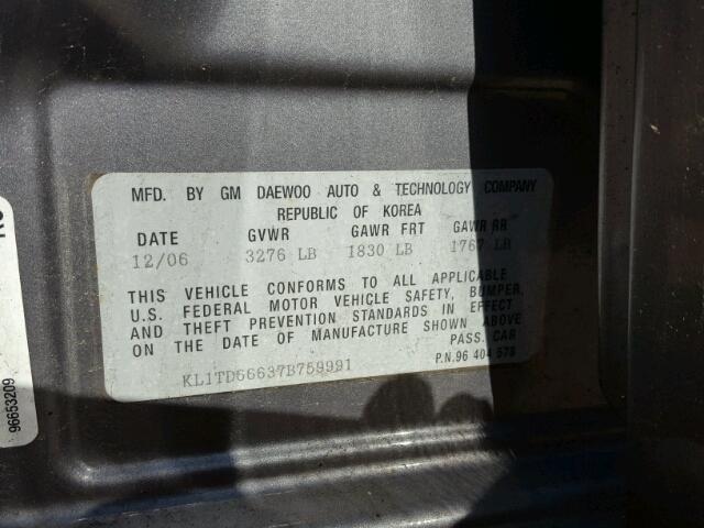 KL1TD66637B759991 - 2007 CHEVROLET AVEO BASE Сұр фото 10