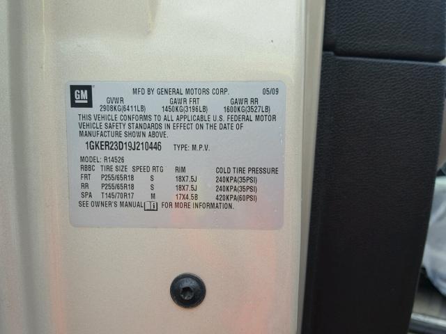 1GKER23D19J210446 - 2009 GMC ACADIA SLT კრემისფერი ფოტო 10