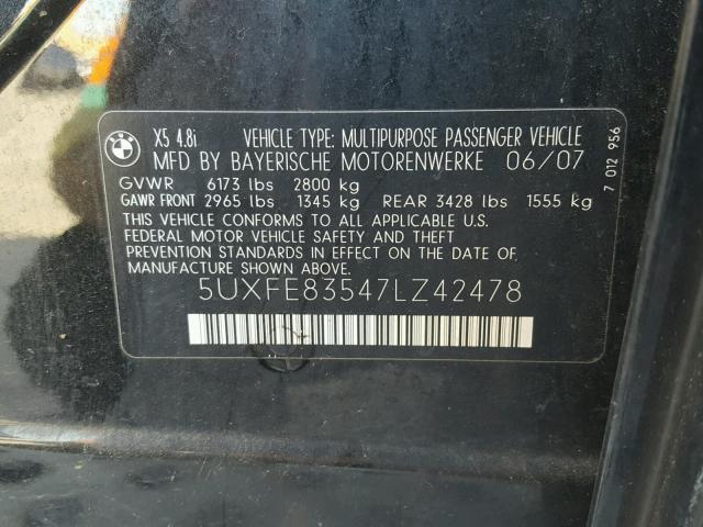 5UXFE83547LZ42478 - 2007 BMW X5 4.8I BLACK photo 10