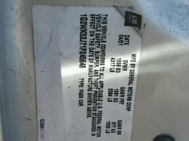 1G2WK52J71F245646 - 2001 PONTIAC GRAND PRIX SILVER photo 10